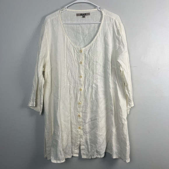 Flax Cream Celebration Blouse button front pockets 100% linen size medium tunic - Picture 2 of 8